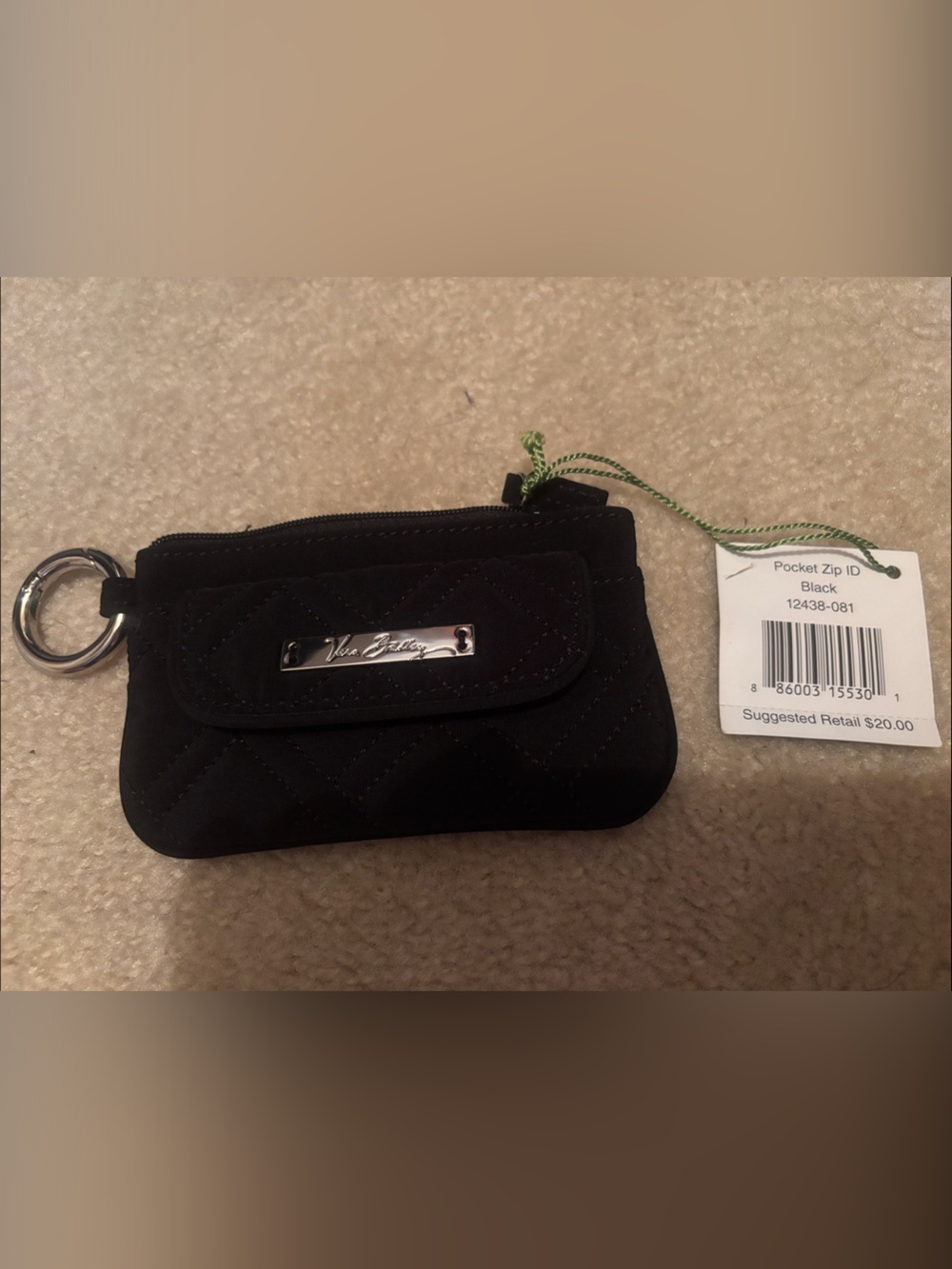 NWT Vera Bradley Black Quilted Zip ID Pocket Key Ring Pouch